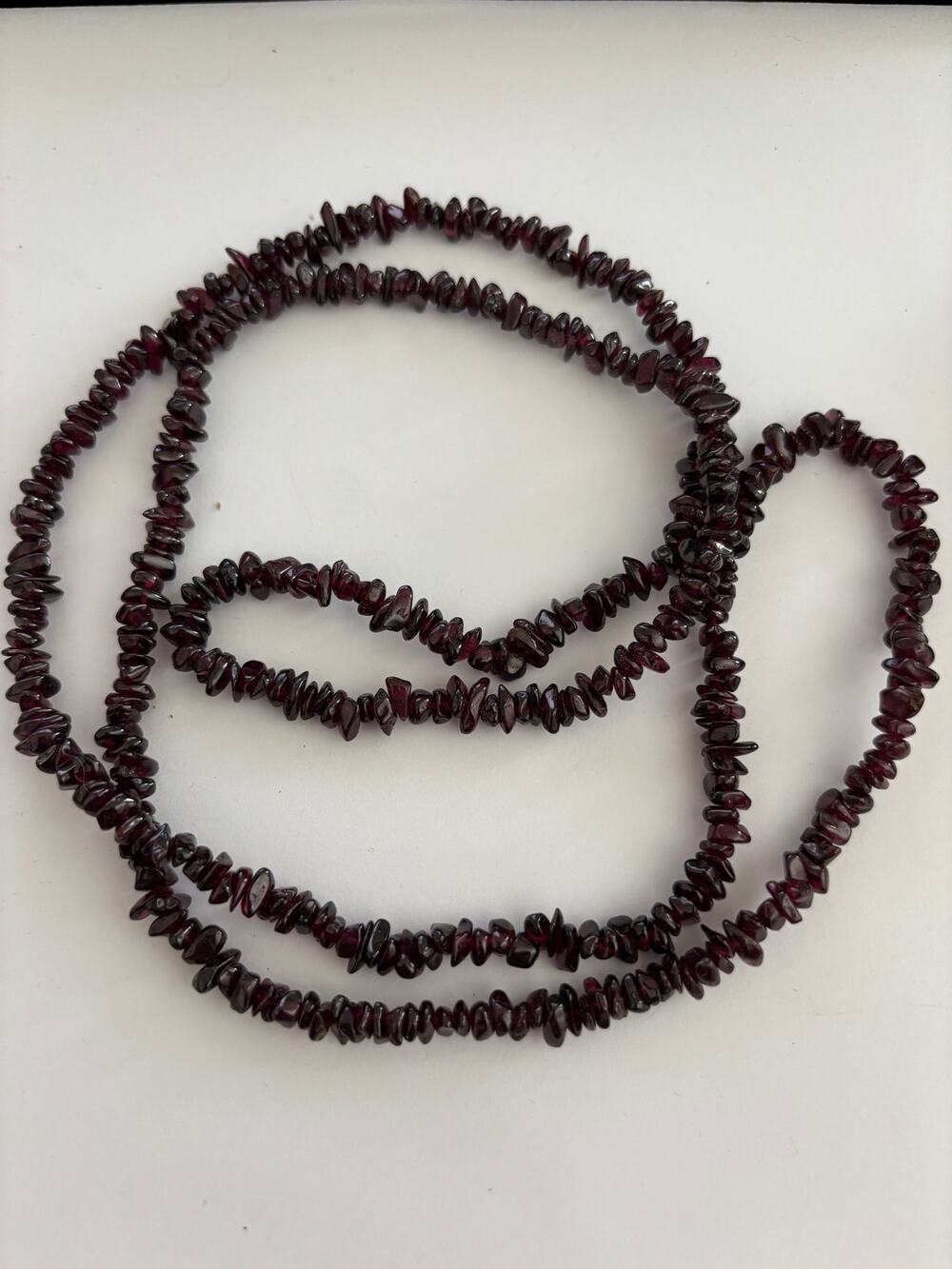 Red Garnet Chip Beaded Chip Long Stranded Vintage Necklace - 36"